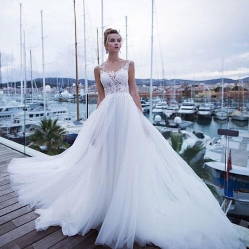 Charming Sheer Neck Bohemian Wedding Dresses Vestidos de Novia White/Ivory Tulle Appliqued Customized Lace Bridal Gown 2020