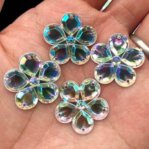 15pcs 25mmCrystal AB Flower Sewing Flatback Rhinestones Acrylic Beads Sew On Strass Crystal Stones For DIY Clothes Decoration
