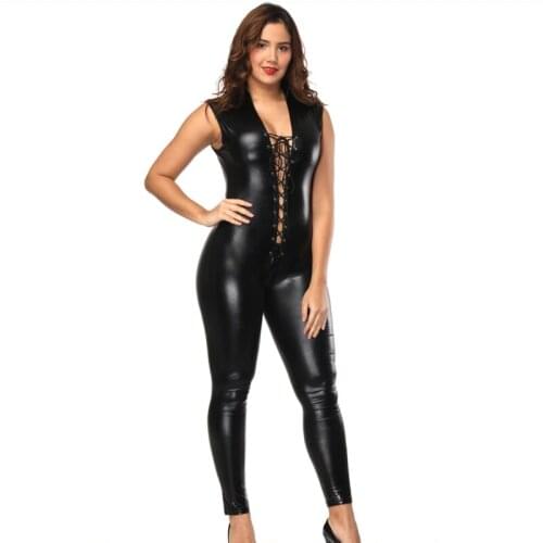 2018 New Arrival Women Sexy Sleeveless Catsuit Faux Leather Deep V Neck Bodysuit Vest Lingerie Lace-up with Open Crotch
