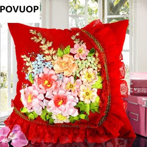 POVUOP Ribbon embroidery 45X45cm 3d three-dimensional cushion quality car pillow cross stitch not include inner