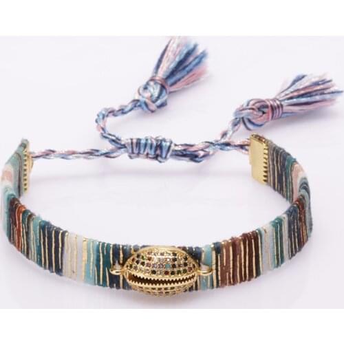 5pcs/lot boho bohemia gold rainbow cz paved shell bead charm brown tune soft cotton silk wristband adjustable bracelet for woman