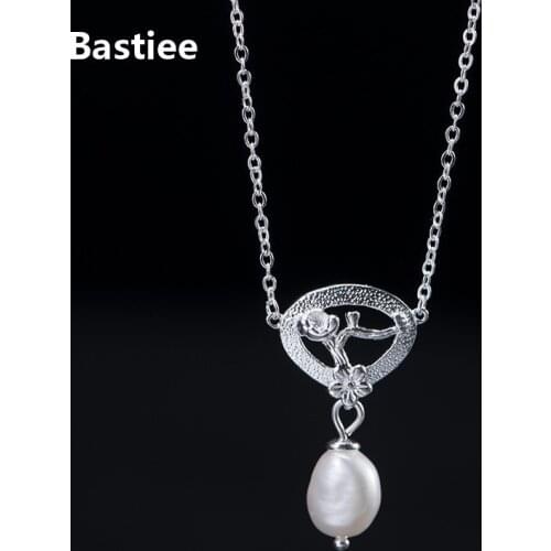 Bastiee 925 Sterling Silver Necklace Pendant Pearl Vintage Jewelry For Women Link Chain Plum Blossom Flower China Ancient Style