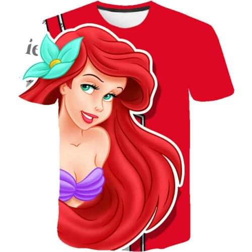 Disney 2021 Summer 3D Printing Anime Fashion Mermaid Beautiful Girl Pattern Clothing Childrens Favorite Short-Sleeved T-Shirt