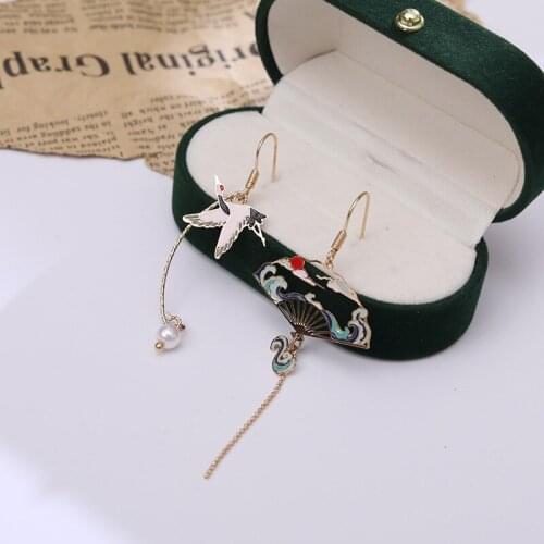 1 Pair Chinese Elements Hollow Fan Chain Tassel Pearl Pendant Lotus Leaf Cherry Blossoms Cloud Long Drop Earrings for Women