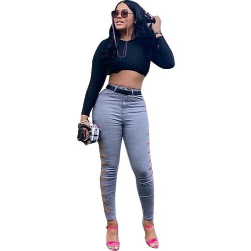 Casual Women Jeans Pants Hollow Out Ripped Solid Color High Streetwear Skinny Summer Jeans for women Outfit