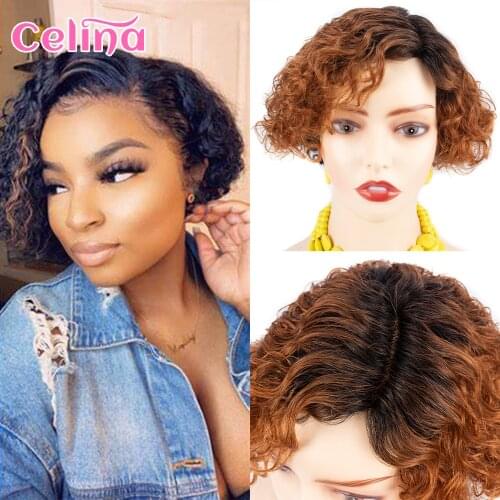 Celina Short Bob Human Hair Wigs Jerry Curly Full Machine Wigs For Black Women Highlight Honey Blonde Ombre Color Part Lace