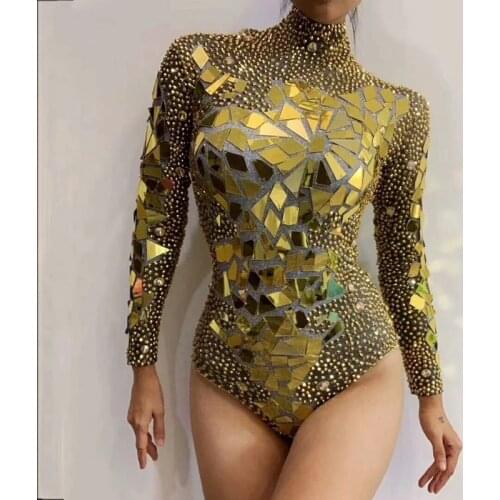 Singer Dancer Show Performance Costume Gold Rhinestones Mirrors Bodysuit Womens Birthday Celebrate Party Outfit