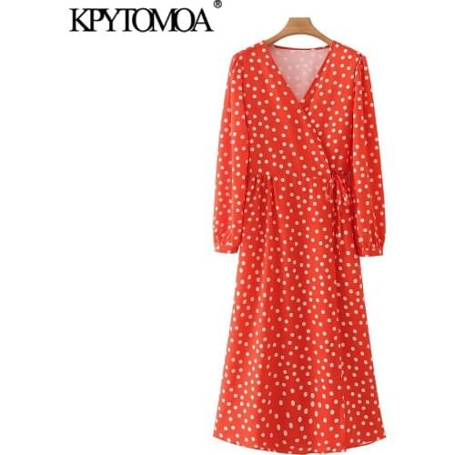 KPYTOMOA Women 2021 Fashion With Tie Polka Dot Print Wrap Midi Dress Vintage V Neck Puff Sleeve Female Dresses Vestidos Mujer