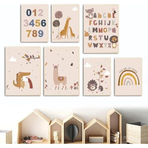 Woodland Animal Fox Lion Giraffe Poster Rainbow Alphabet Canvas Painting Alpaca Nursery Wall Art Print Pictures Baby Room Decor