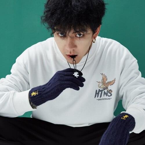 Knitted Gloves Mens Half-finger Winter Outdoor Flip Cover Plus Velvet Warmth Embroidery Trendy Driving Touch Screen Full Finger