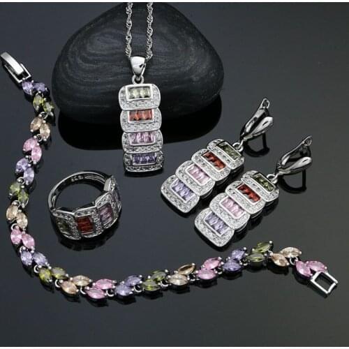 925 Sterling Silver Jewelry Sets For Women Multicolor Cubic Zirconia White Crystal Earrings/Pendant/Necklace/Ring/Bracelet Set