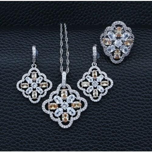 925 Sterling Silver Party Jewelry Sets Champagne Cubic Zirconia White Crystal For Women Earrings/Necklace/Pendant/Ring
