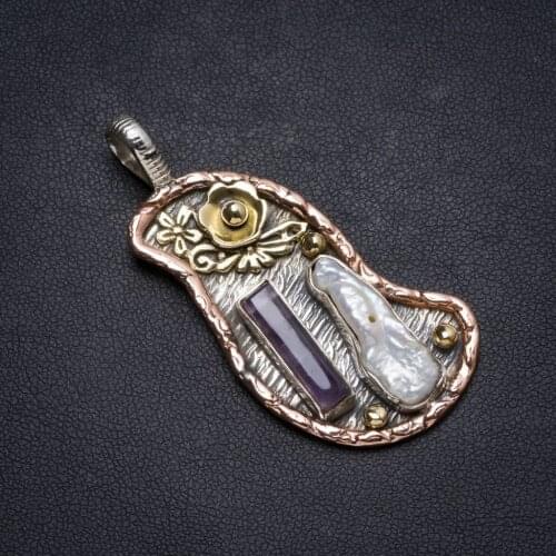 Natural Two Tones Biwa Pearl andAmethyst Handmade Unique 925 Sterling Silver Pendant 2.25" X0949
