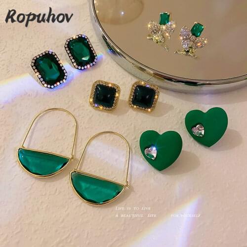ROPUHOV 2021 New Korean Trendy Jewelry 925 Silver Needle Autumn Diamond Love Bow Earrings Female French Retro Green Earrings