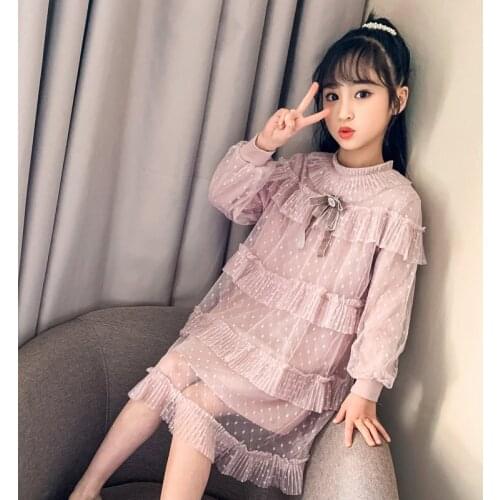 Girl Clothing Dot Casual Shirt Dress Bowtie Collar Lace Layered Dress Vintage Long Sleeve Slim Shirt Dress Sweet Teens Clothing