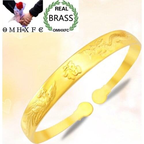 OMHXFC Wholesale European Fashion Woman Girl Party Birthday Wedding Gift Dragon Phoenix Open Beads Gold Brass Bracelets BE290