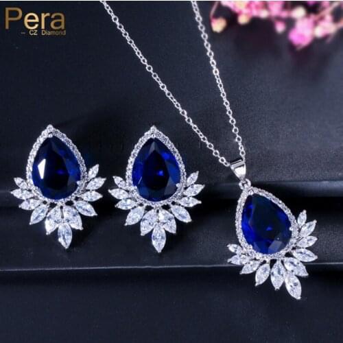 Pera Trendy Women Water Drop Royal Blue Cubic Zircon White CZ Big Dangle Necklace And Earings Jewelry Set For Birthday Gift J206