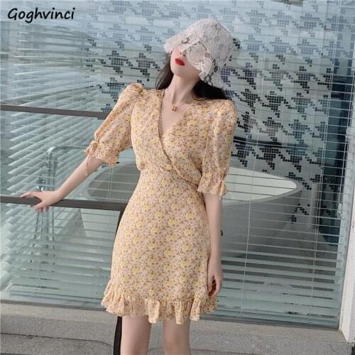 Dress Women Lazy Holiday Korean Sweet Floral Lantern Sleeve V-neck Flounced Edge Sexy Fairy All-match Vintage Clothing Hipster