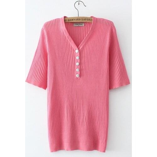 Plus Size XL-4XL Womens V-neck Summer Tshirts Short Sleeve Crochets Solid Slim Tops