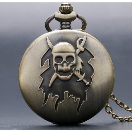 Retro Bronze Cool Awesome Pirate Skull Cross Sword Quartz Pocket Watch Boys Men Women Necklace Pendant With Chain Birthday Gift