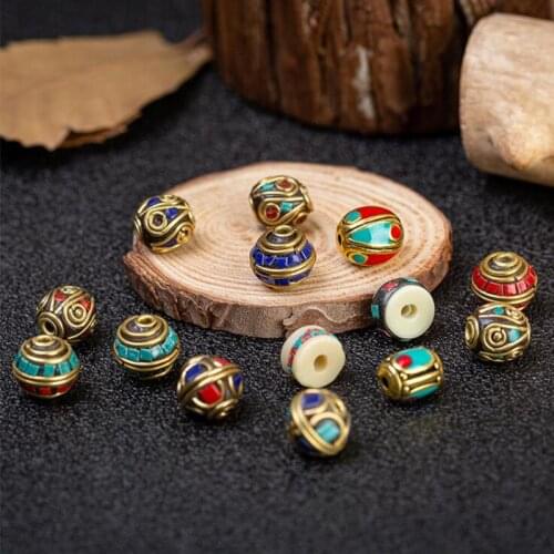 Handcraft Nepal Buddhist Tibetan Charms Beads Antique Gold Retro Brass Red Green Tribal Boho Loose Original Beads DIY Wholesale