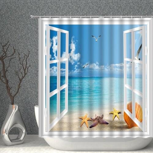 Open Window Sea Snow View Starry Sky Flower Shower Curtain Set Waterproof Polyester Fabric Bath Curtains With Hook 3D Printing