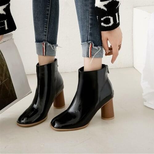 Plus Size 34-48 Women Boots High Heels Shoes Zipper Ankle Boots Autumn Winter Patent Leather Snow Boot Sexy Party Fashion Boots