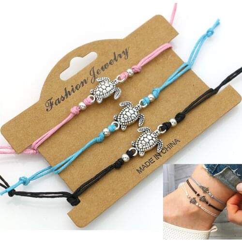 KJjewel Vintage Tortoise Anklets for Women Fashion Black White Wax String Lacing Foot Jewelry Minimalist Turtle Ankle Bracelet