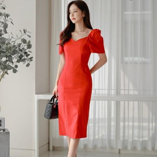 Office Lady Slim Temperament Mid-length Party Dress for Women New Korean Summer Elegant Chic Short Sleeve Sheath Bodycon Dress