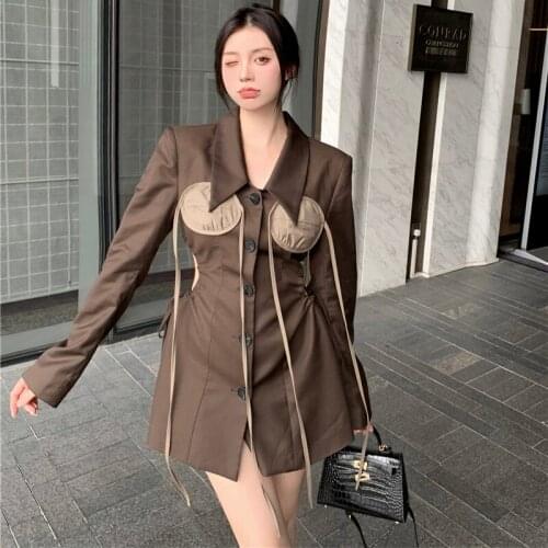 Turn-down Collar Hollow Out Woman Dress Autumn Style Korean Fashion Ladies Mini-Dresses Long Sleeve Female Clothes New 2021