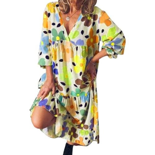 Dresses Summer Women Stylish Casual Floral Print Long Sleeve V Neck Knee Length Dress Summer party платья для женщин 5XL