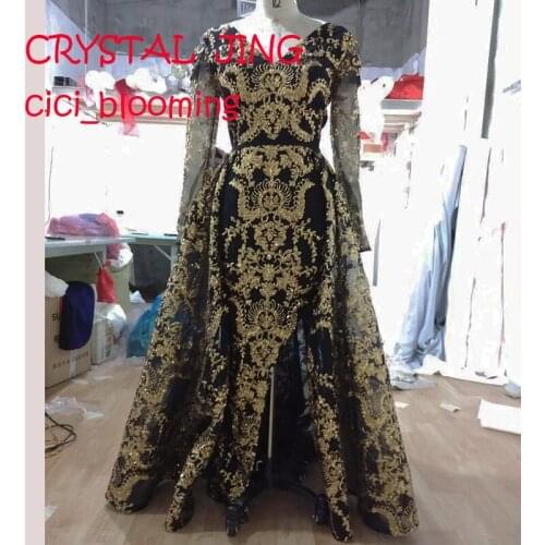 Gold And Black Sequins Arabic Dresses With Detachable Train Long Sleeves V-neck sparkle Formal Gown