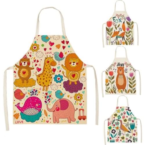1 Pcs Kitchen Apron Cute Fox Lion Elk Bear Animals Printed Sleeveless Cotton Linen Aprons for Men Women Home Cleaning Tools
