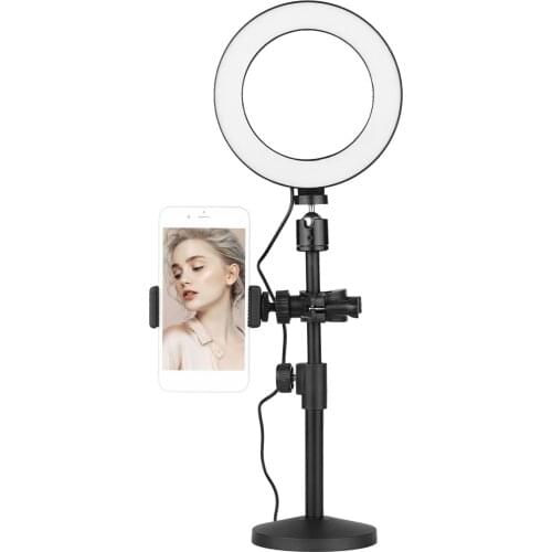 16cm Bi-color Dimmable Tabletop LED Ring Light Kit with Mini Ball Head Round Disk Support Phone Holder Remote Control for Live