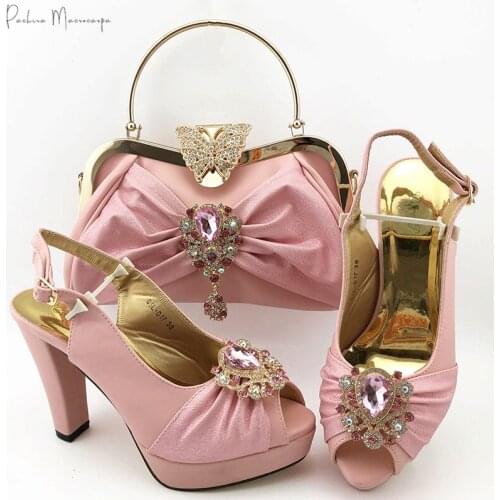2020 Lastest Italian Design Fashionable African Crystal Style Nigerian Party Women Shoes with Matching Bags in Pink Color