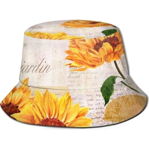 CINESSD 2021 Women Summer Vintage Vibrant Sunflowers On Old Letters Newspaper Bucket Hat Bob Fisherman hat Outdoor Travel Sun