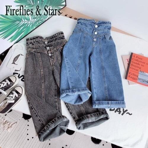 Spring Autumn Girls Jeans Baby Denim Pants Kids Wide Leg Trousers Children Bottoms Streetwear High Waist Bud Buttons 3 To 14 Yrs