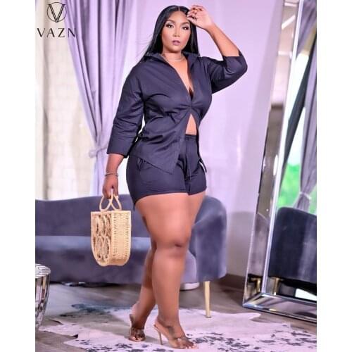 VAZN 2021 Early Autumn Solid Simple Chiffon Daily Young Elegant Full Sleeve Cloth Group Short Pants Women 2 Piece Set