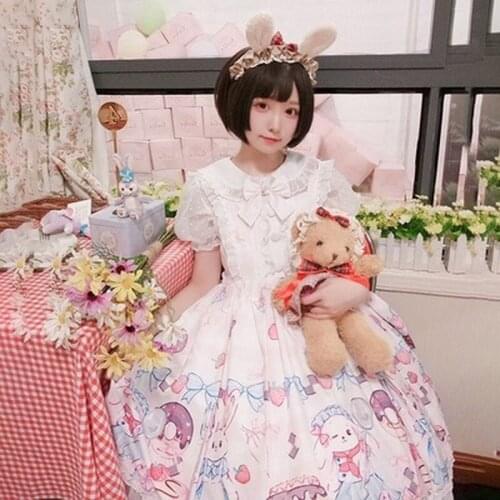 Factory Origional Japanese Soft Sister Donut Bunny Lolita High Waist Printed Sleeveless Strap JSK Dress Female Summer