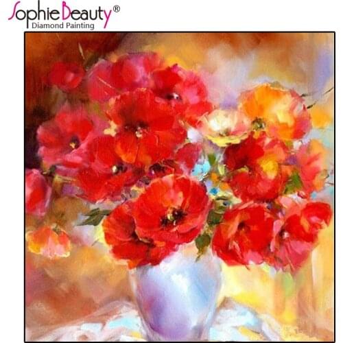 Sophie Beauty Full Diy Diamond Painting Cross Stitch Big Red Flower Vase Mosaic Handmade Embroidery Home Decro Handcrafts Kits