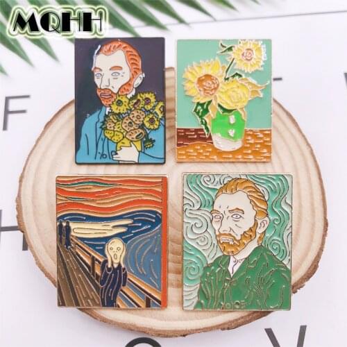 Creative Geometry Abstract Oil Painting Enamel Brooch Head Portrait Flower Sunflower Alloy Badge Clothes Bag Brooch Jewelry Gift