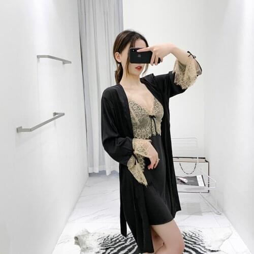 Lace V-neck Nightgown 2Pcs Sets Summer Thin Sexy Charming Sling Nightdress Robe Home Wear Womens Nightdress Sleepwear