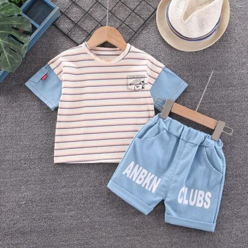 Summer New Style Childrens Denim Stitching Striped Short-Sleeved Boy Casual Two-Piece Suit 1-3 Years Old