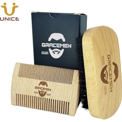 MOQ 100 Set Personalized LOGO Men Beard Care Kit for Face / Head Hair Mustache Beech Wood Brush and Dual Sides Comb Sets