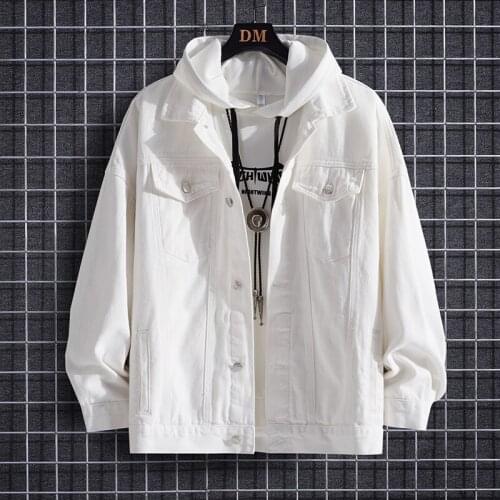 Men Fashion Punk White Denim Jacket 2021 New Spring Autumn Mens Cotton Trendy Ripped jean Jacket