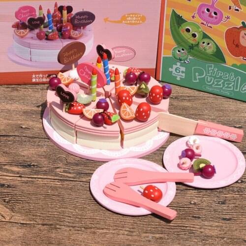 Pretend Kitchen Play Food Set, Wooden Pink Cutting Cake Food Play Set for Kids, Early Shapes Colors Recognition Toy