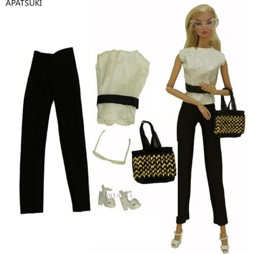 White Black Clothes Set for Barbie Doll Suit Fashion Office Lady Outfits Shoulder Bag Shoes Glasses 1/6 Accessories Kids Toys