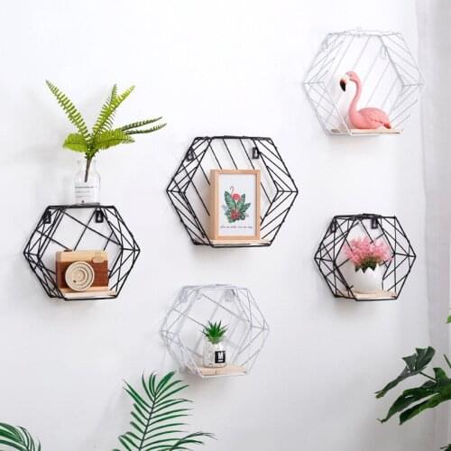 Nordic Hexagon Shelf Metal Wooden Wall Decor Hanging Rack Strip Holder Home Wall Decoration Storage Organizer Table Rack