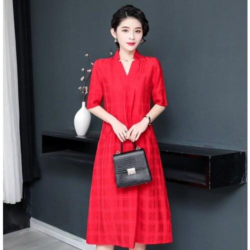New Fashion Summer Women Elegant Tencel Dress Ladies Plaid A-Line V-neck Loose Party Dress Plus Size Female Vestidos Clothing