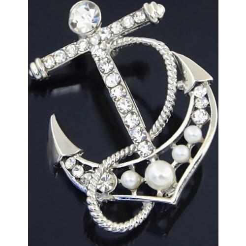 Stunning Clear Crystals Fashion Anchor Shaped Brooch Top Quality Men Clothes Pins Hot Selling
